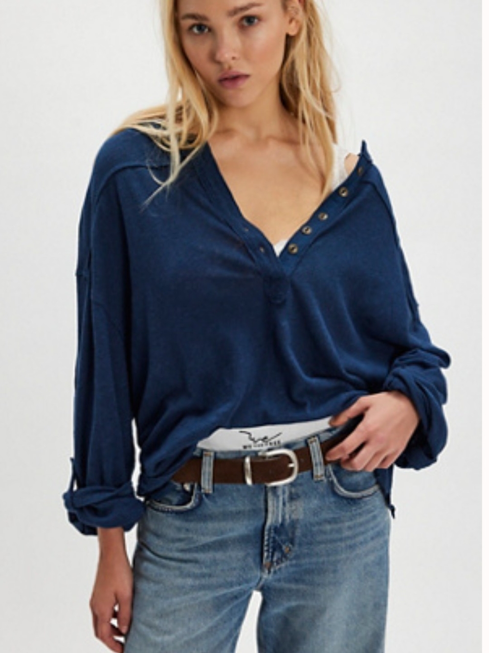 We The Free Cotton Linen Henley Tee, New! Deep Seas Color, Blue